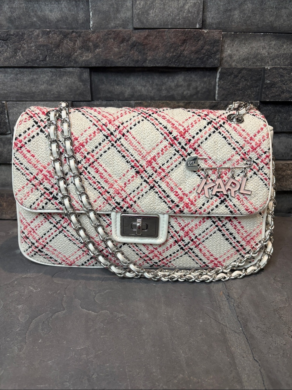 Karl Lagerfeld Tweed Shoulder Bag with Pink Plaid